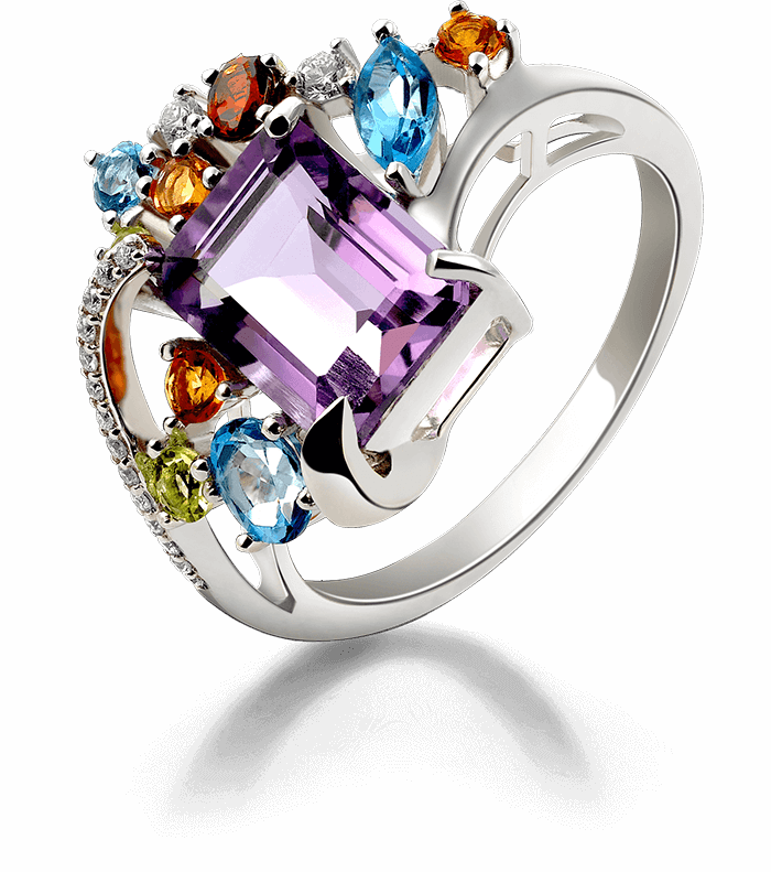 Ring set with amethyst, aquamarine and topaz gemstones at a Philippine gem laboratory in Quezon City